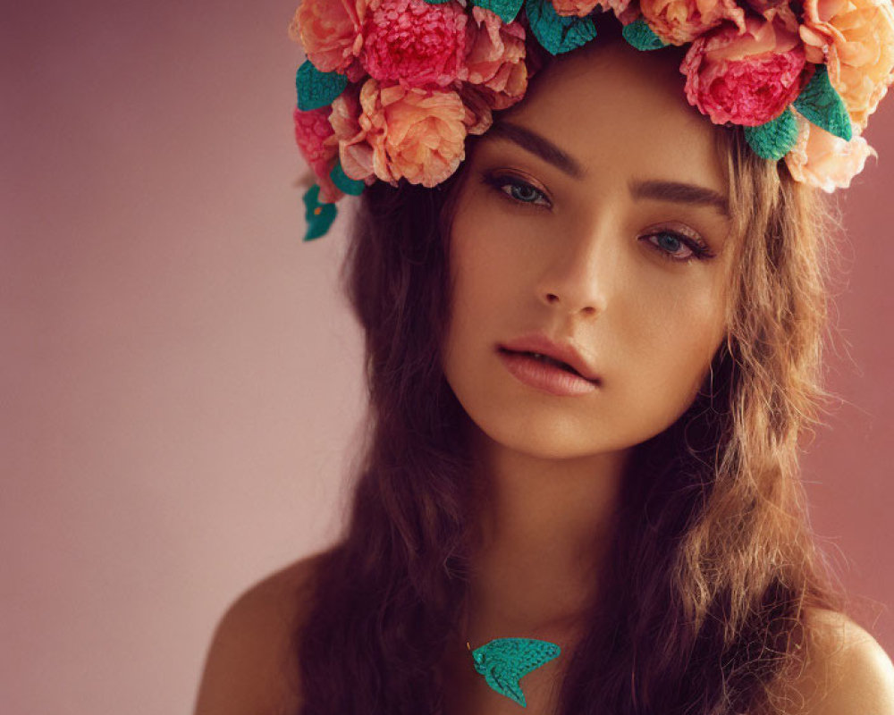 Woman with Pink and Peach Floral Headpiece and Cascading Hair Portrait