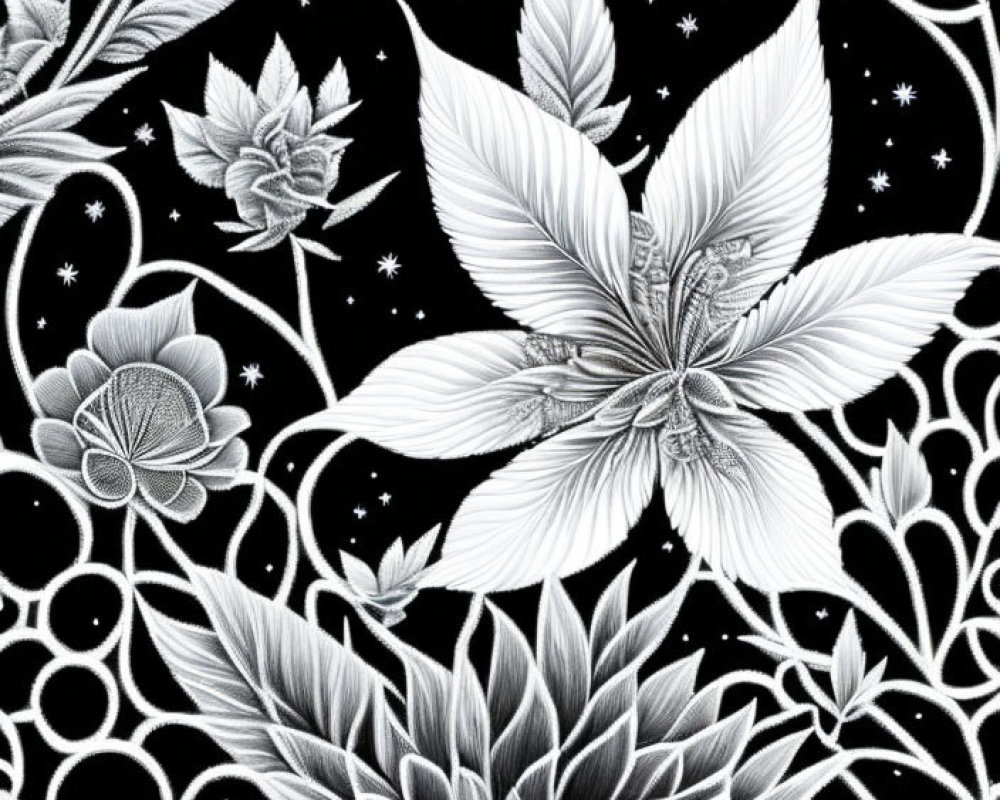 Detailed monochrome botanical illustration of flowers with cosmic backdrop