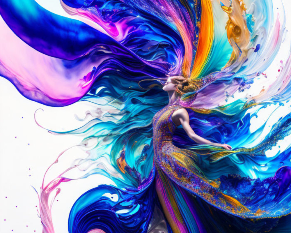 Colorful digital artwork of a woman in dynamic swirl of colors