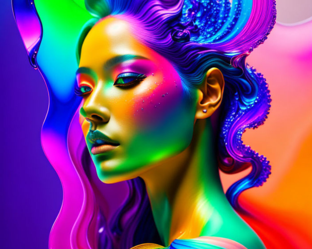 Colorful portrait of a woman with flowing, paint-like aesthetic on gradient background