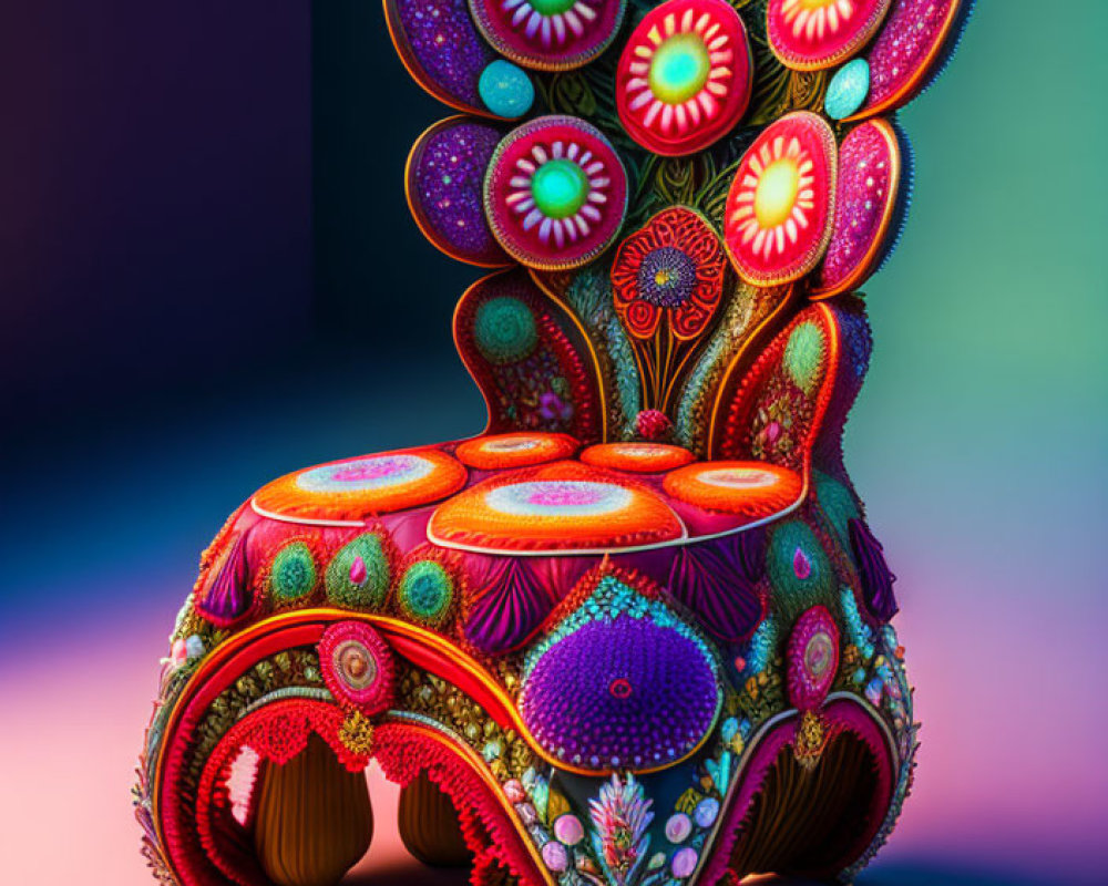 Colorful Peacock-Inspired Psychedelic Chair with Floral Motifs