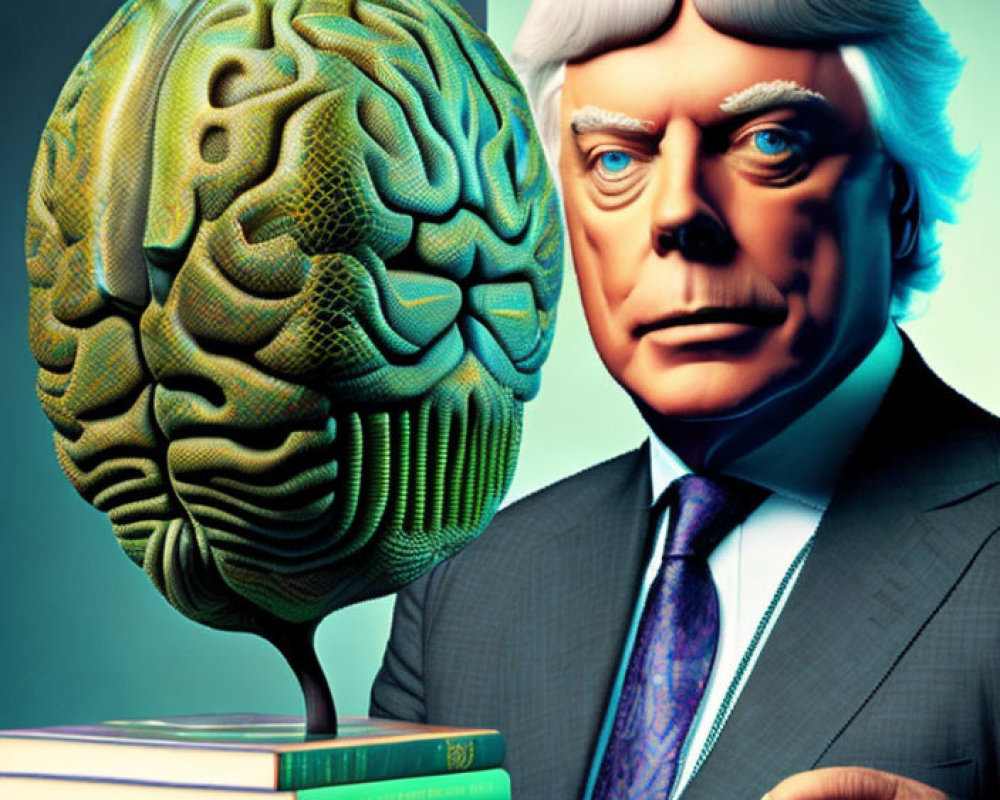 Detailed illustration of man with exposed brain, human head, books, vibrant background