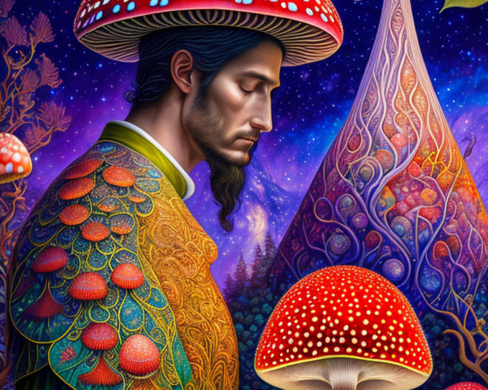 Colorful digital artwork: Man with mushroom cap hat in surreal forest.