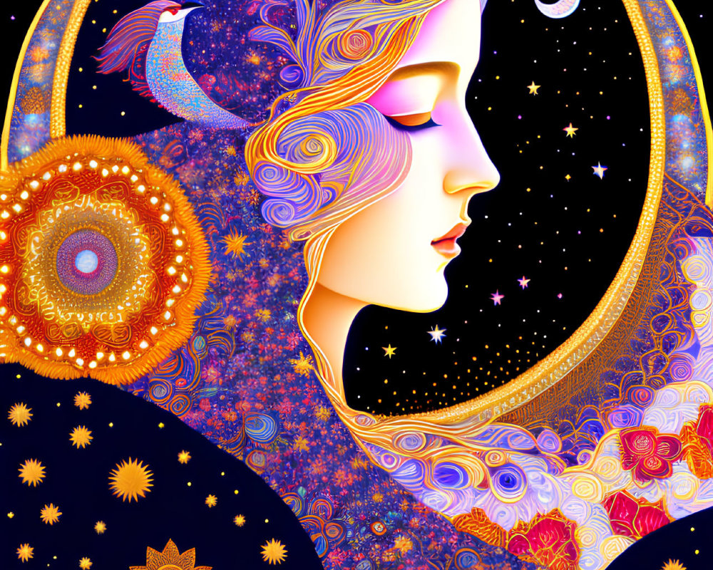 Colorful Woman's Profile with Cosmic and Floral Motifs