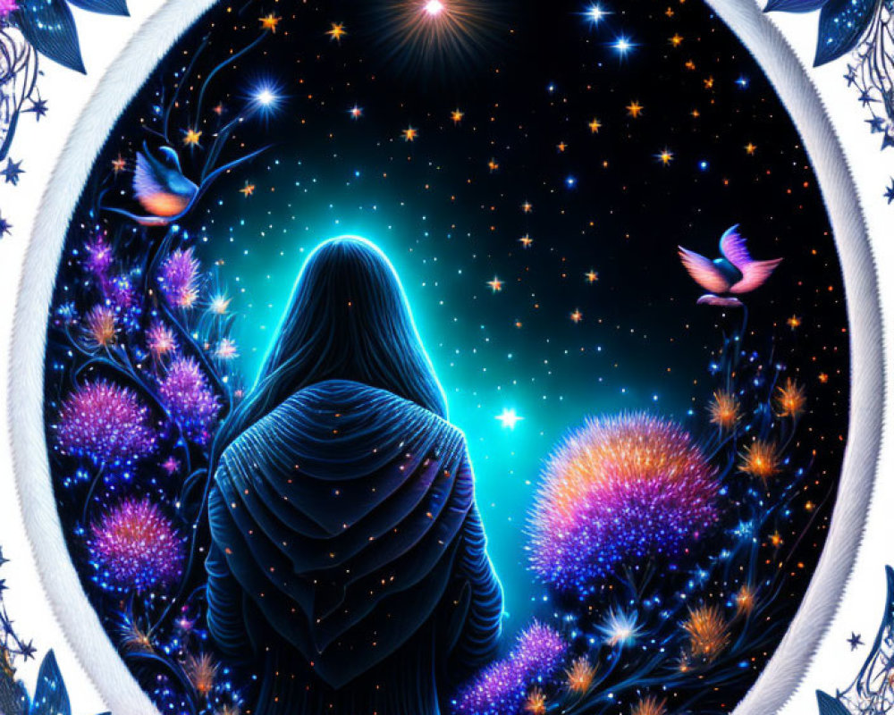 Cloaked figure in cosmic scene with vibrant stars and whimsical flora