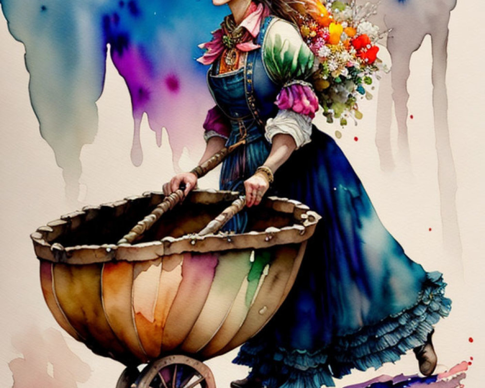 Vibrant Watercolor Illustration of Woman in Vintage Attire with Wheelbarrow