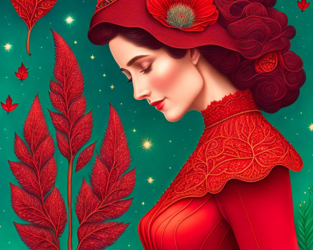 Stylized illustration of woman in red dress with hat and leafy branch on green background.