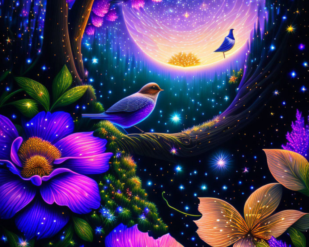 Colorful fantasy artwork: bird on branch, purple flowers, starry sky, glowing butterflies