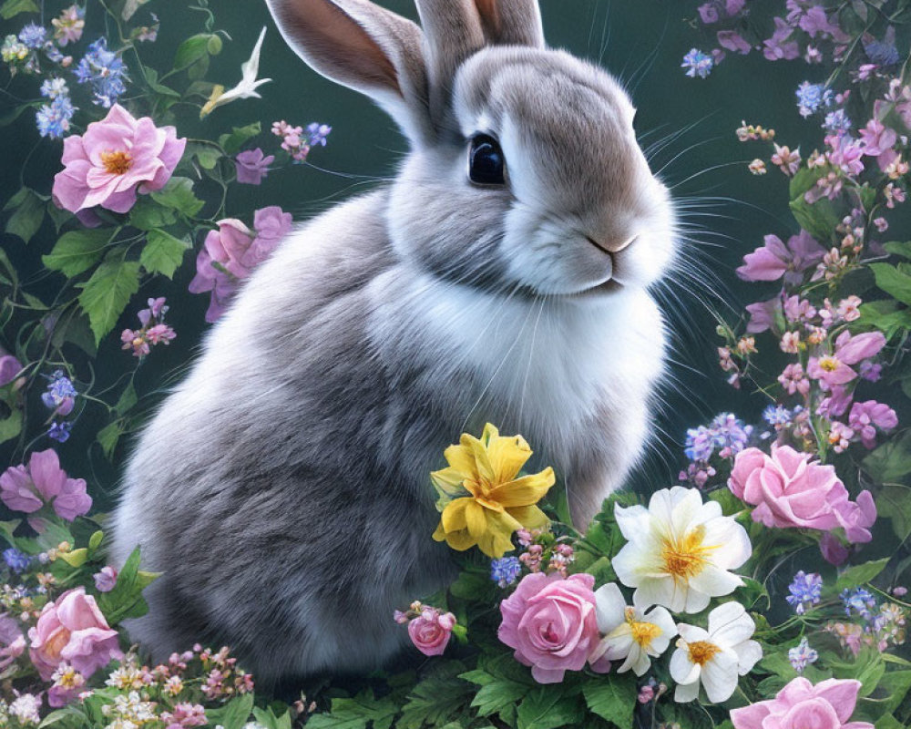 Realistic Gray and White Rabbit in Colorful Flower Garden