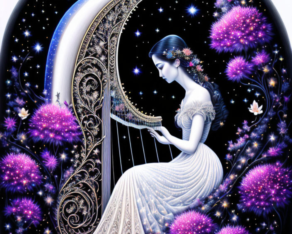 Illustration of woman playing harp with cosmic, floral elements in starlit setting