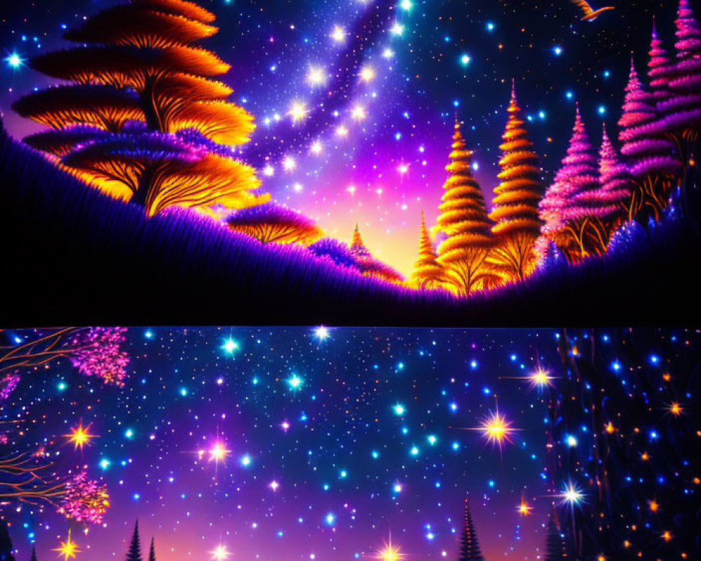 Digital Artwork: Neon-lit Trees, Shooting Stars, Bird Silhouette, and Flowers