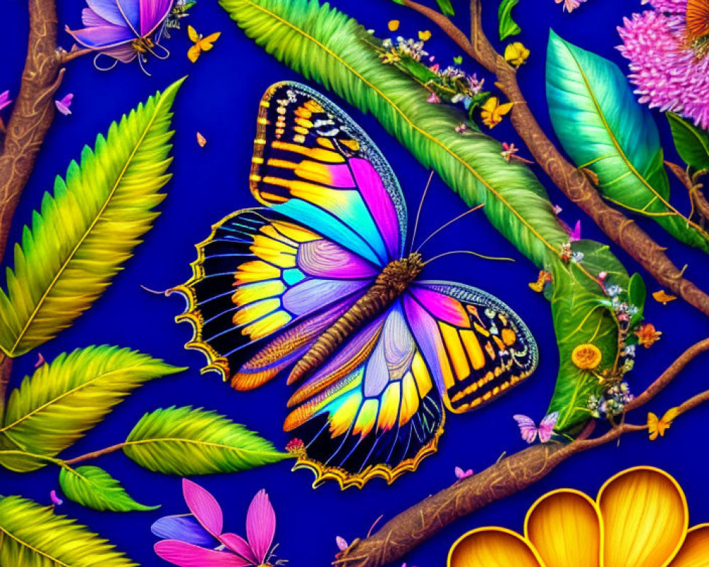 Colorful butterfly on lush foliage with flowers and leaves on deep blue background