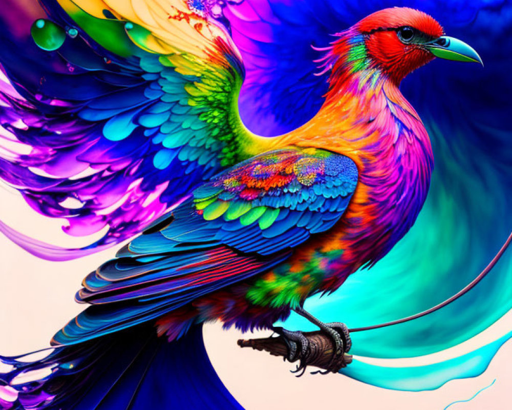 Colorful Bird Artwork with Abstract Background in Blues, Purples, and Greens