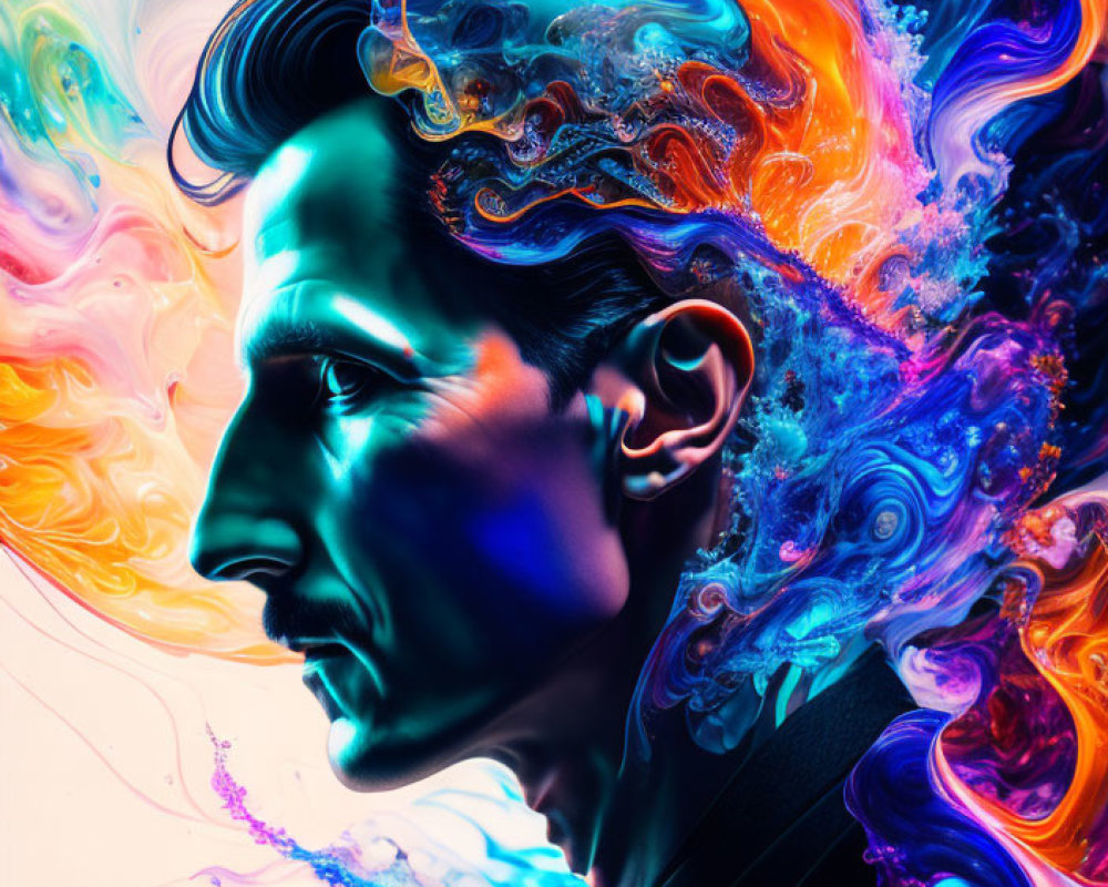 Abstract portrait with swirling, vibrant colors emitting from the head