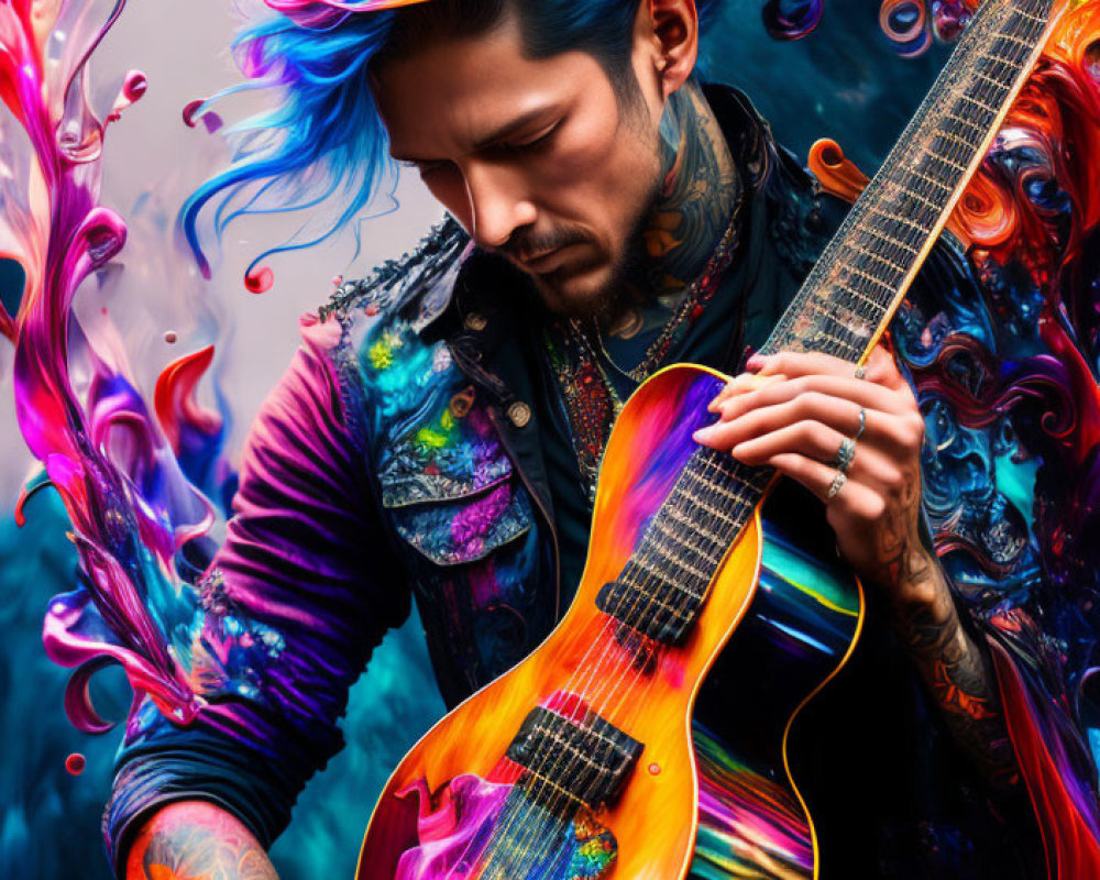 Colorful tattooed man playing guitar in vibrant teal setting