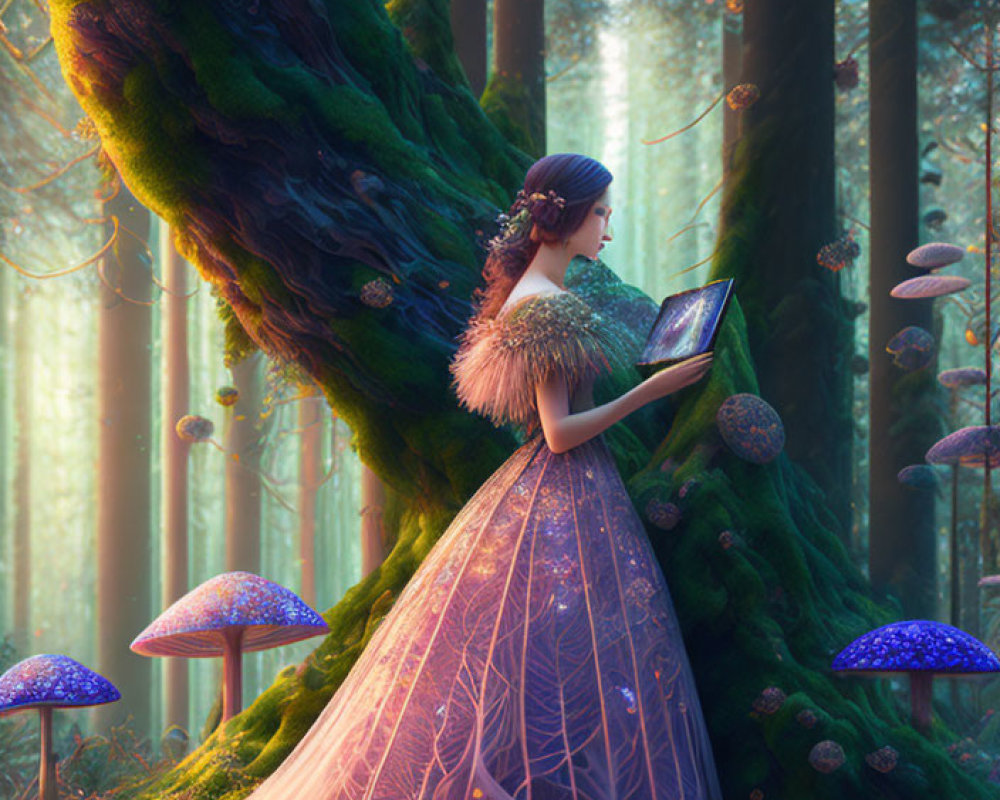 Detailed Woman in Ethereal Gown Reading Book in Mystical Forest