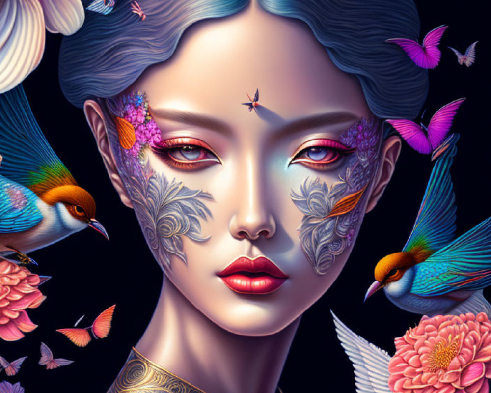 Vibrant surreal illustration of woman with birds and flowers