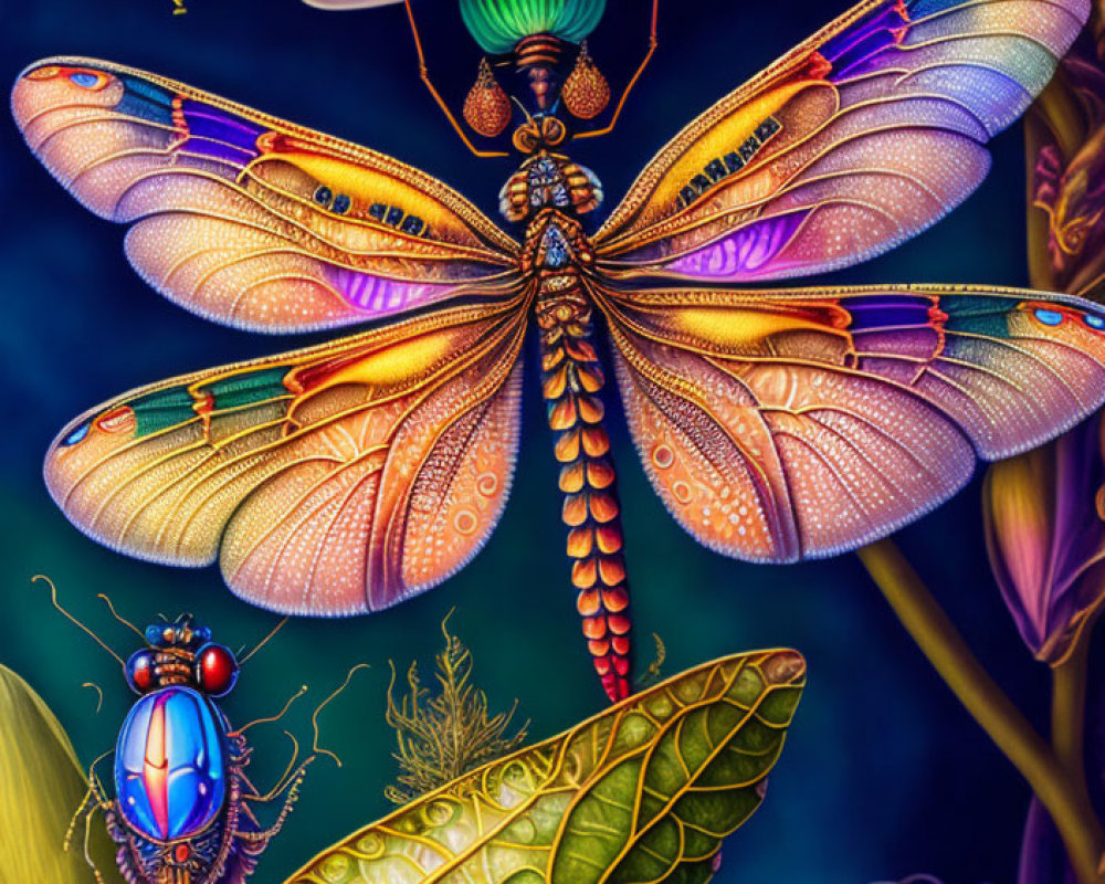 Detailed digital painting of vibrant butterfly and beetle in neon forest.