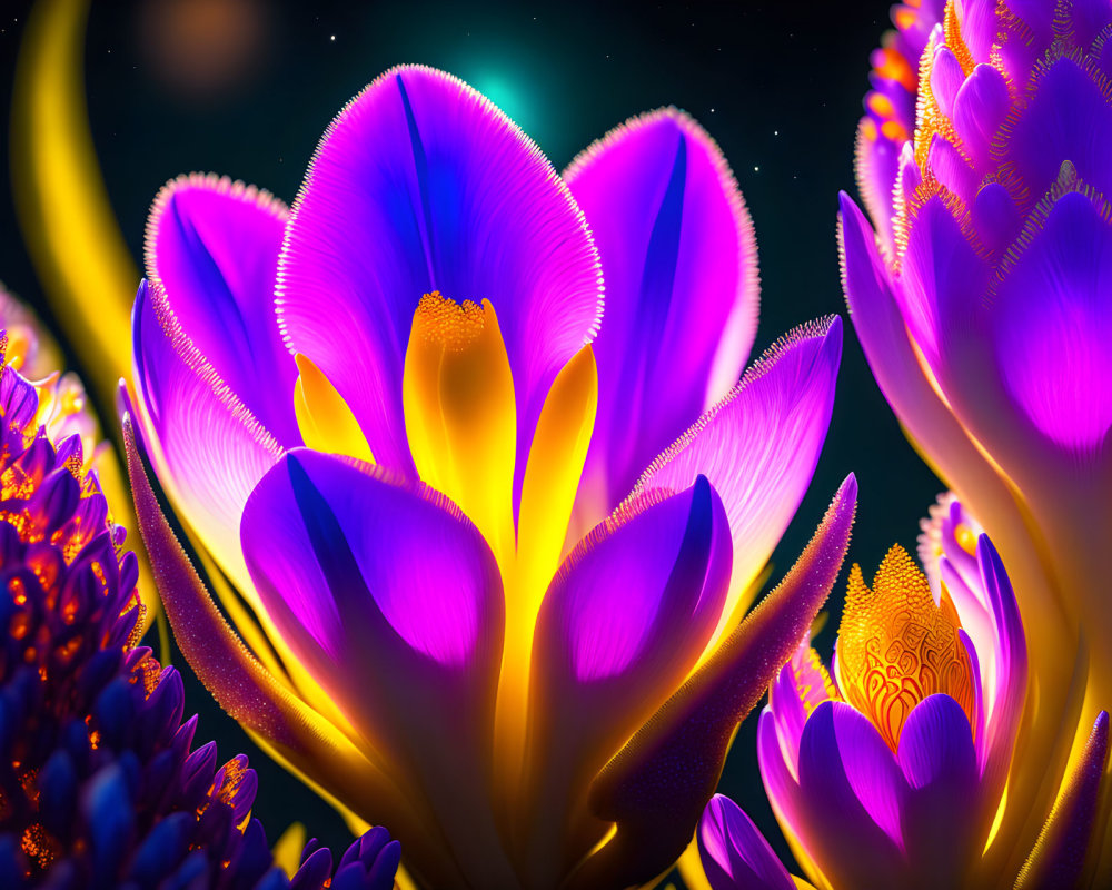 Colorful digitally-enhanced flowers on dark background with bokeh effect