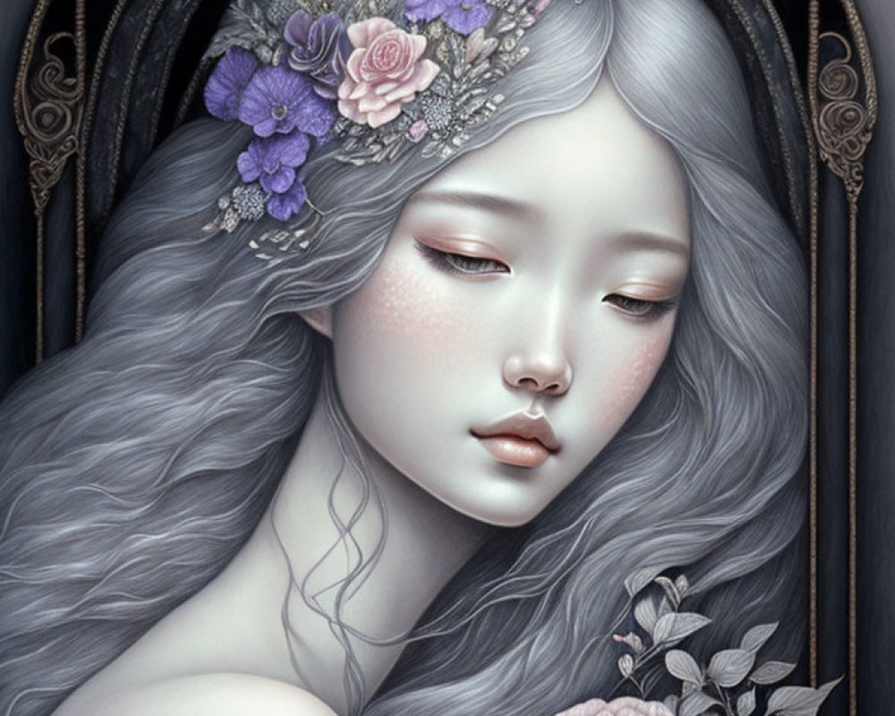 Illustration: Ethereal female with gray hair and floral crown in dreamlike setting