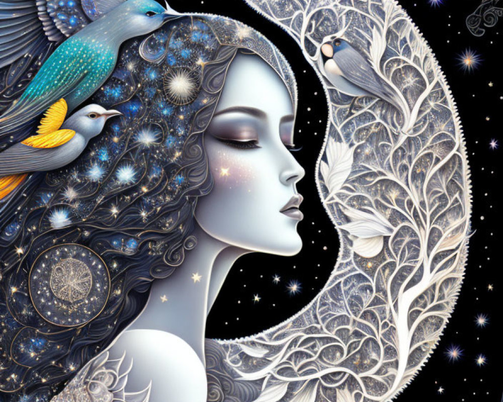 Celestial and Nature-Themed Woman Surrounded by Birds and Intricate Patterns