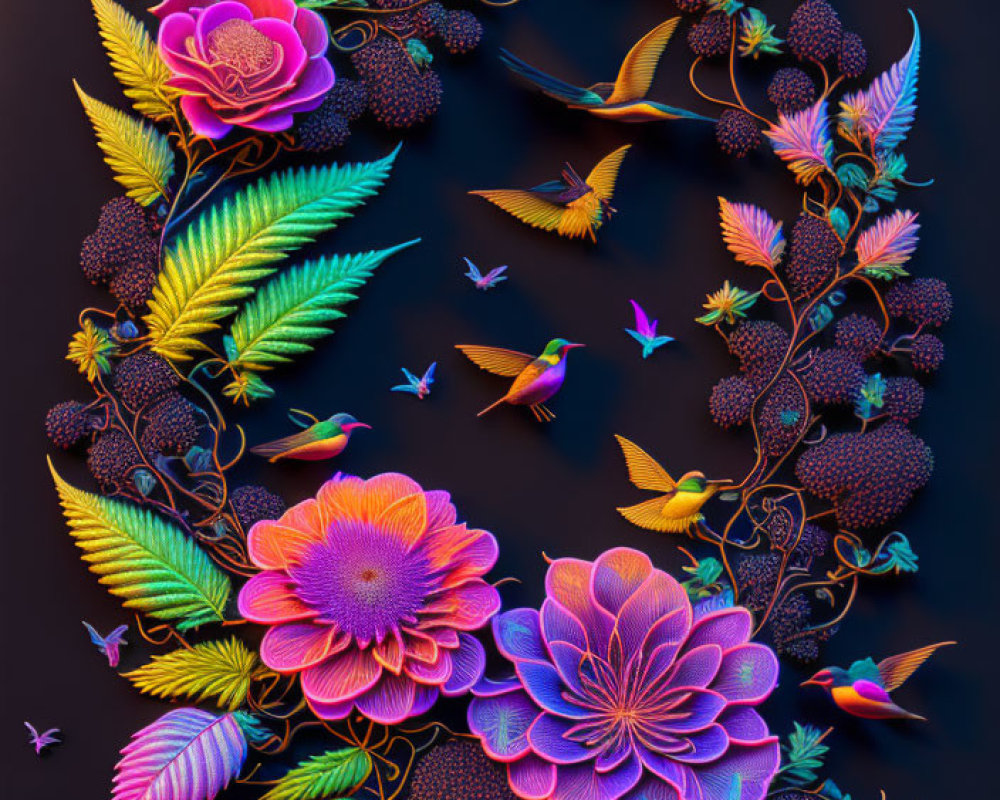 Colorful digital artwork: Neon flora and fauna with birds and butterflies in lush botanical setting.