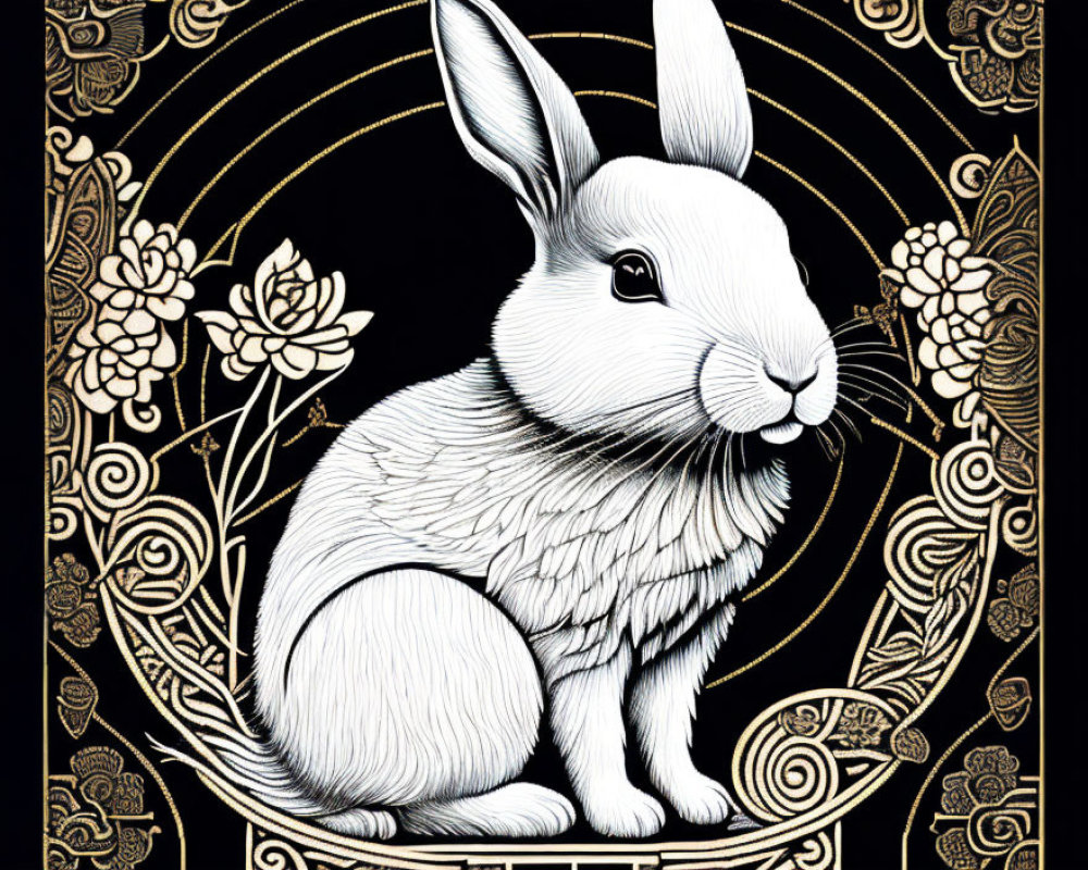 Detailed white rabbit illustration with floral and circular patterns on black background