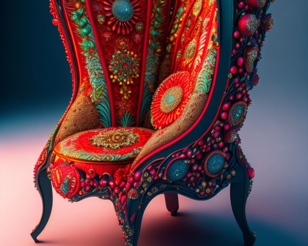 Colorful ornate chair with red and orange patterns and beads on teal background