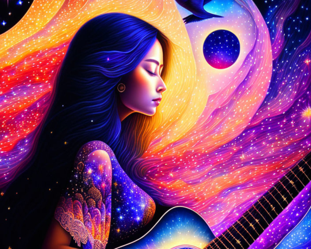 Colorful woman playing guitar in cosmic background with stars and bird