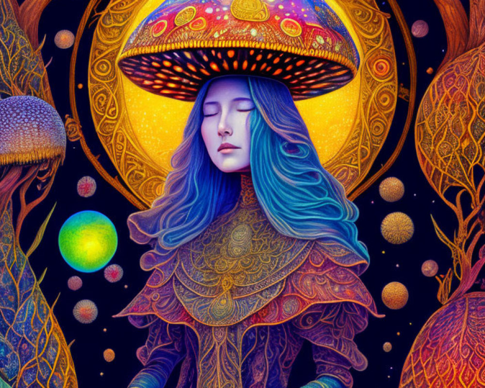 Illustration of woman with blue hair and mushroom crown in mystical starry forest