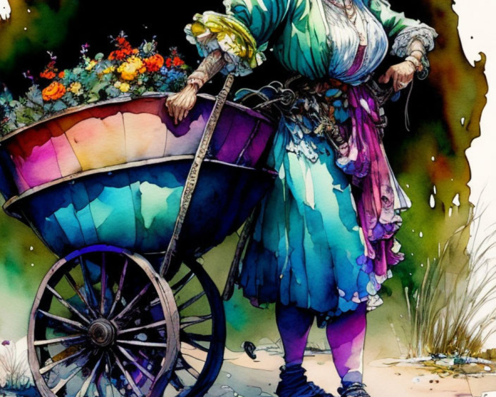 Watercolor illustration of woman in colorful dress with flower-filled cart