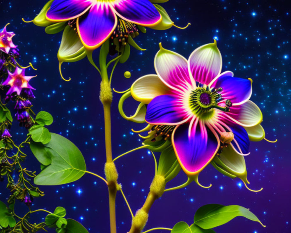 Colorful fuchsia and yellow flowers against starry space backdrop