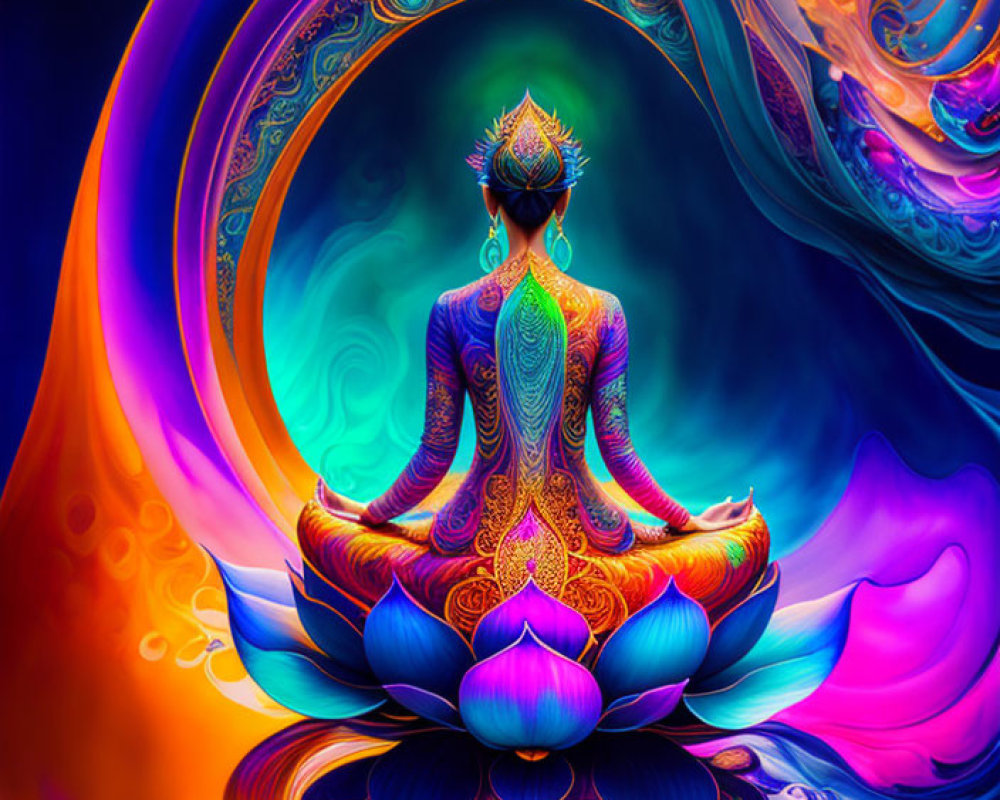 Colorful digital artwork: Figure meditating on lotus flower in psychedelic swirls