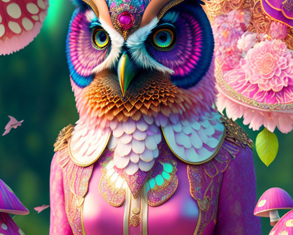 Colorful stylized owl with intricate patterns on ornate floral background