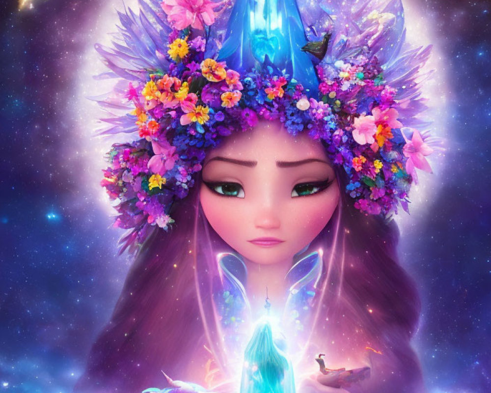 Colorful illustration of mystical figure with crystal crown in cosmic setting