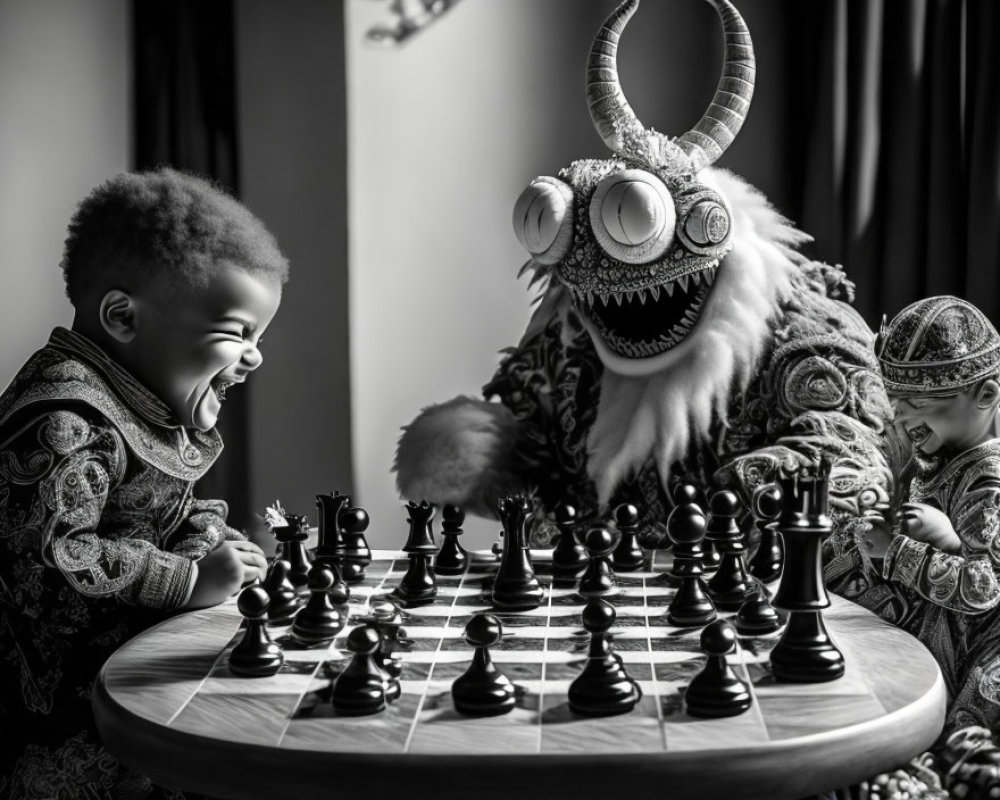 Child playing chess with person in horned monster costume in joyful scene