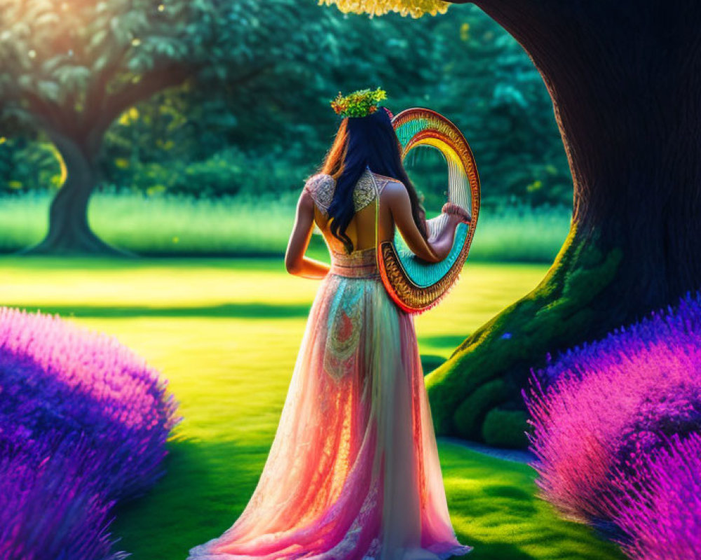 Woman in flowing dress plays harp in vibrant garden with purple flora