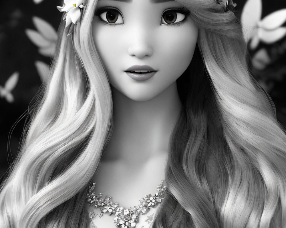 Detailed Monochrome Illustration of Animated Female Character with Flowery Hair and Necklace