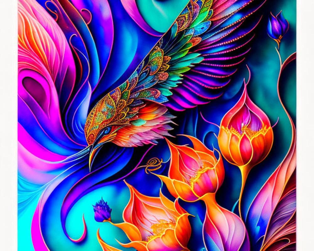 Colorful Digital Artwork: Ornate Bird with Psychedelic Floral Patterns