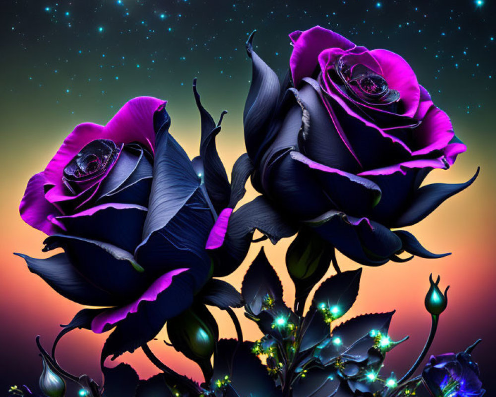 Vibrant Blue and Purple Roses on Starry Night Sky.