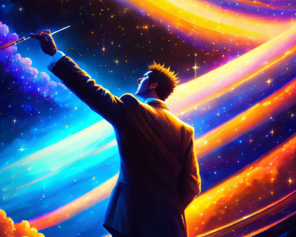 Person on Balcony Reaching Towards Vibrant Cosmic Sky with Conductor's Baton