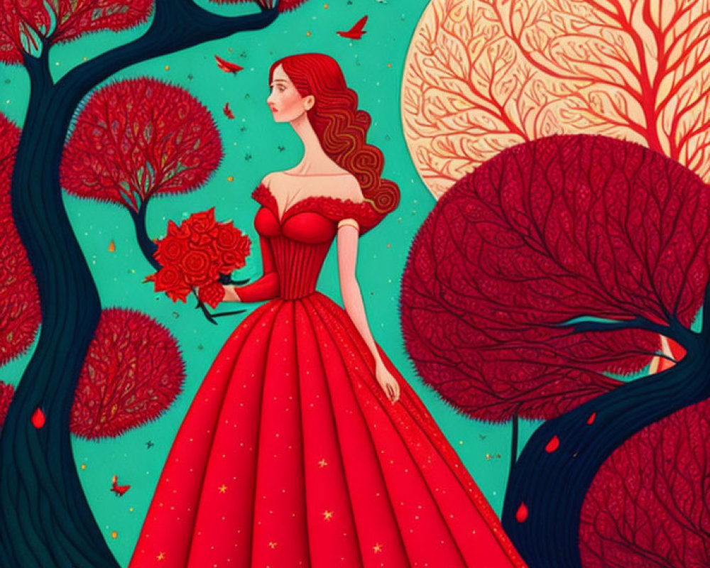 Stylized illustration of woman in red dress among red and gold trees