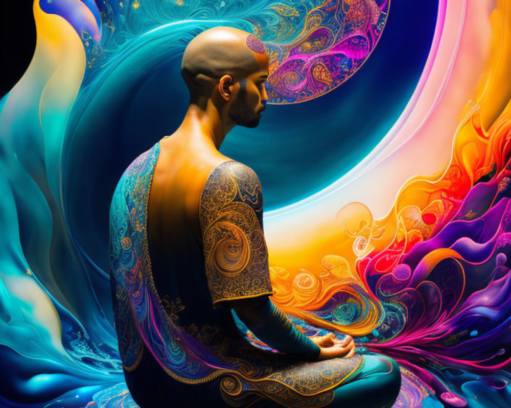 Meditating person surrounded by vibrant swirling colors and patterns