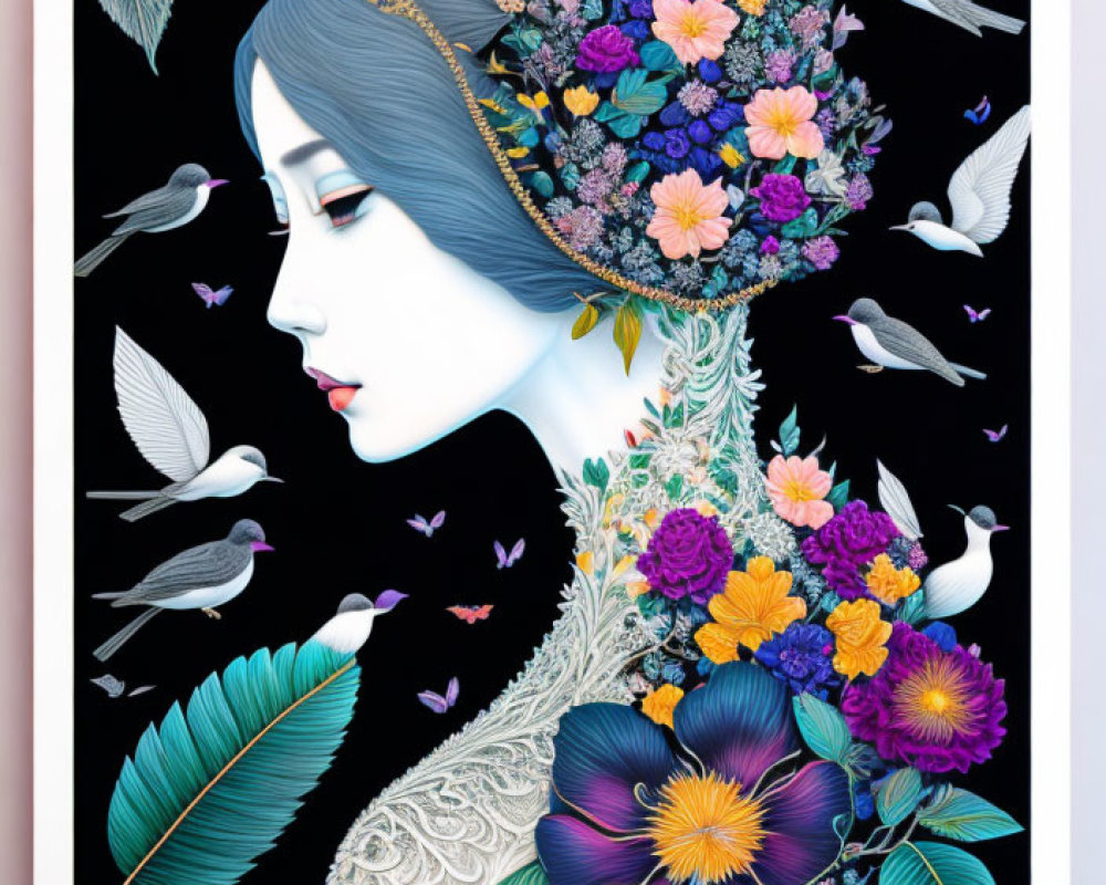 Colorful Woman with Floral Headpiece and Birds on Black Background