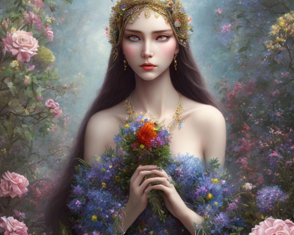 Woman with Floral Crown and Bouquet in Fantasy Setting