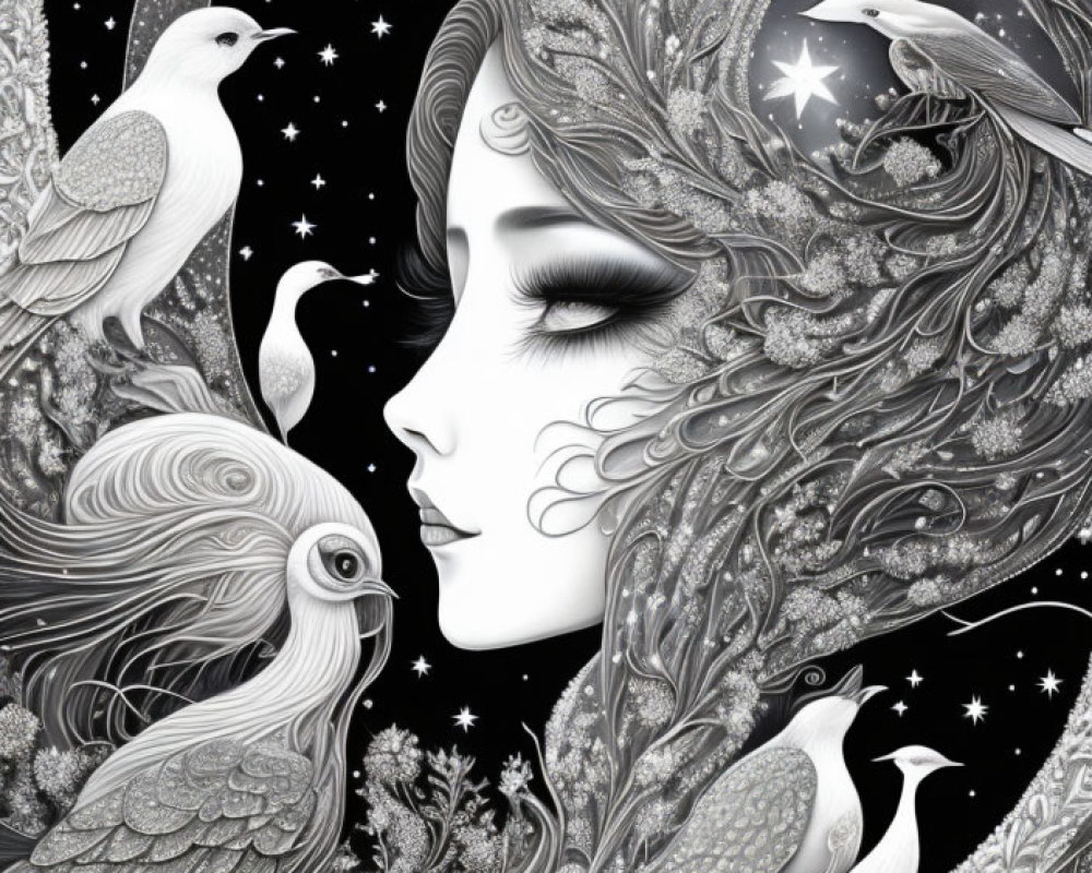 Monochromatic woman profile with birds and celestial motifs