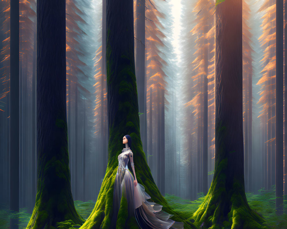 Person in elegant dress in mystical forest with towering trees and sunlight.