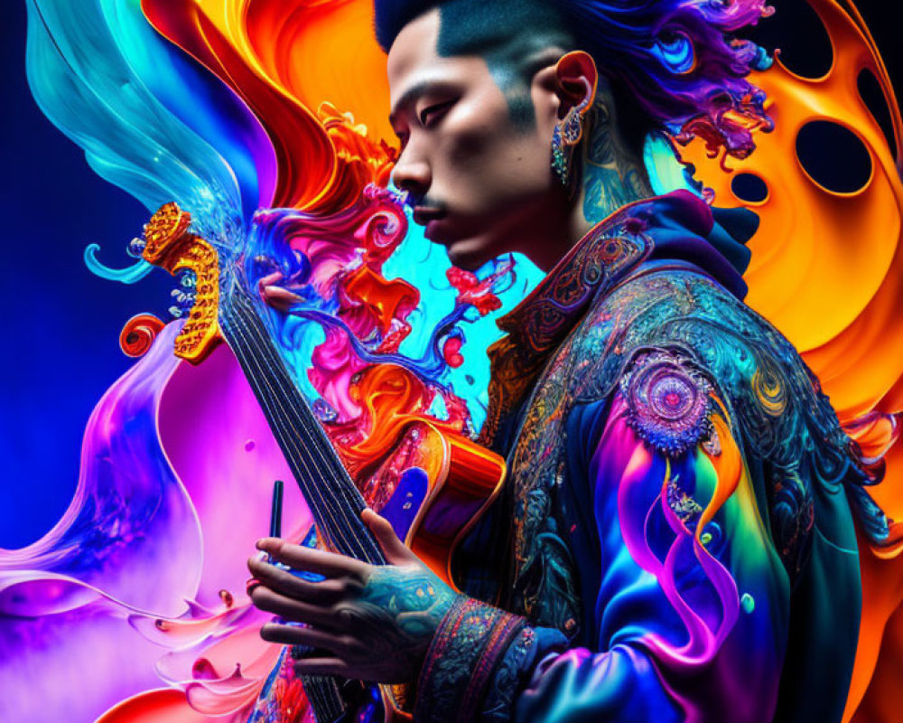 Elaborate Hairstyle Musician with Stringed Instrument in Vibrant Colors