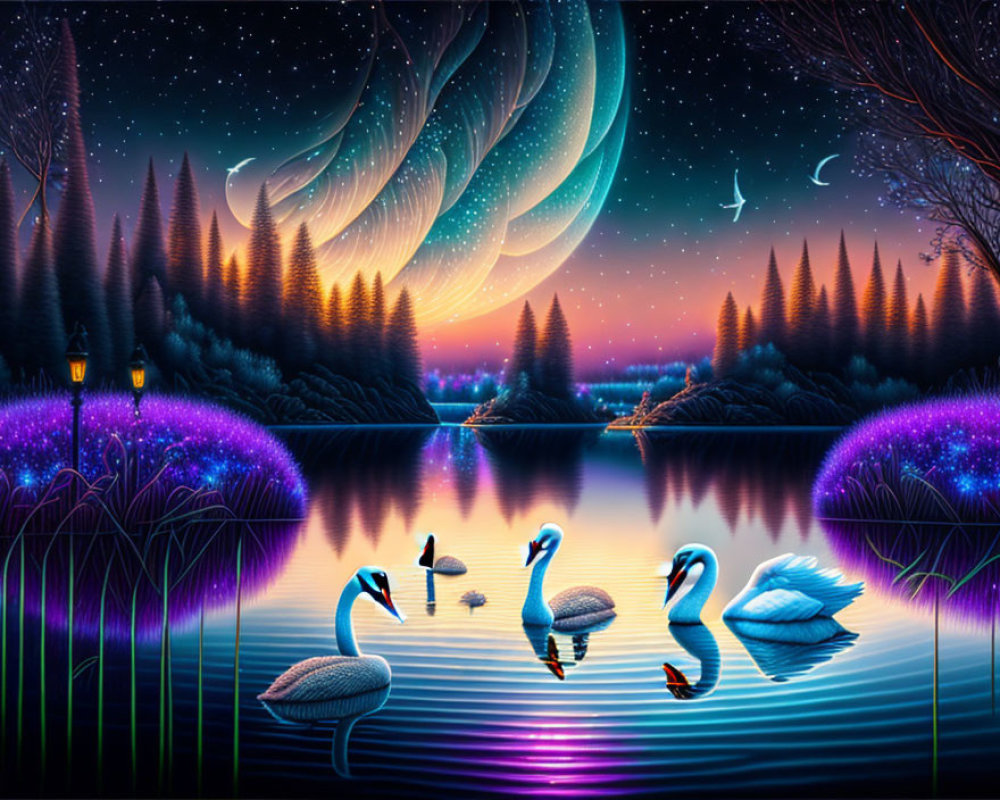 Tranquil night landscape with swans, purple flowers, trees, and aurora