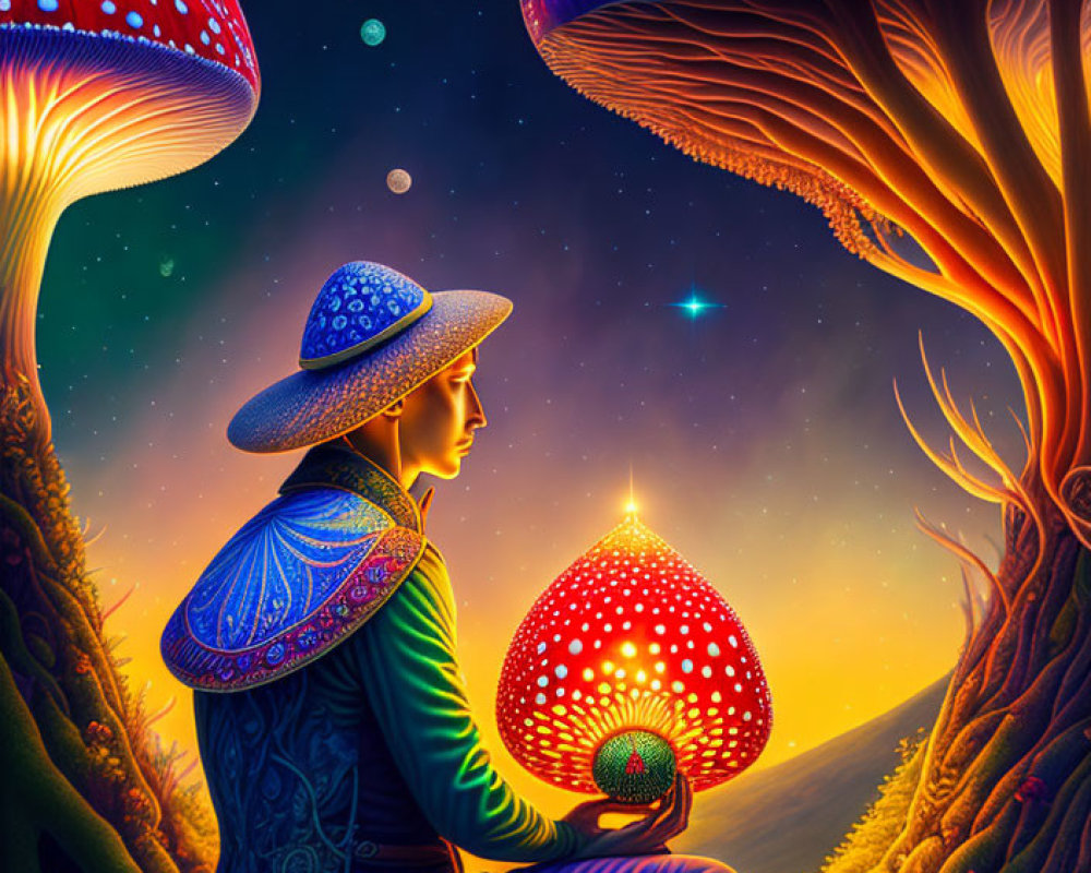 Colorful Outfit Person Under Giant Mushrooms in Fantasy Forest